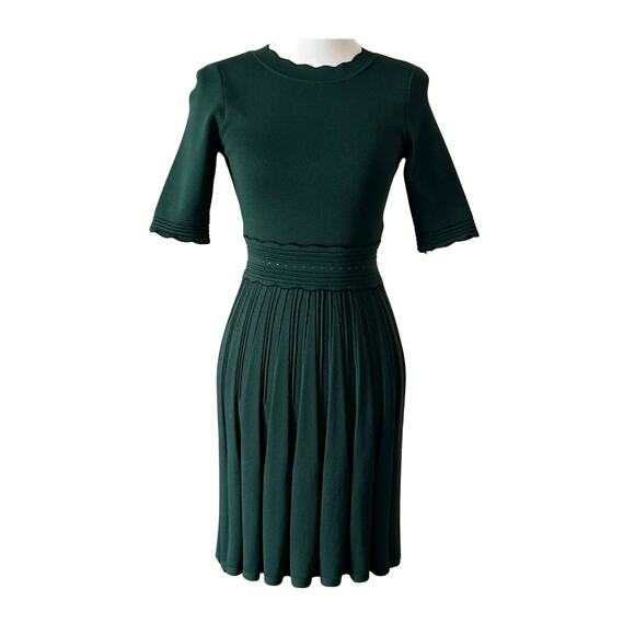 Ted Baker Forest Green Knit Skater Dress XS – Sculpted Pleats, Scallop Trim - Picture 5 of 6